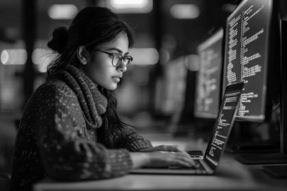 Indian woman working as a software developer. Female developer with a laptop, lines of code on a computer screen blurred. Generative AI.